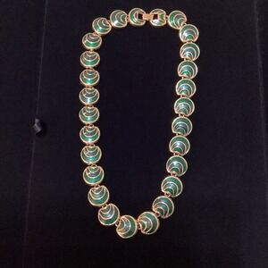 Vintage Napier Art Deco Style‎ Green & Gold Enameled Circular Disc Necklace EUC